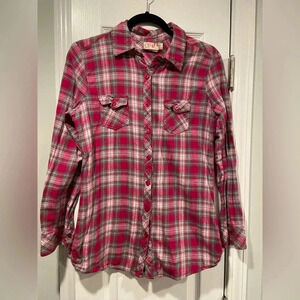 OP Ocean Pacific Pink Plaid Long Sleeve Button Down Flannel Pockets Size L
